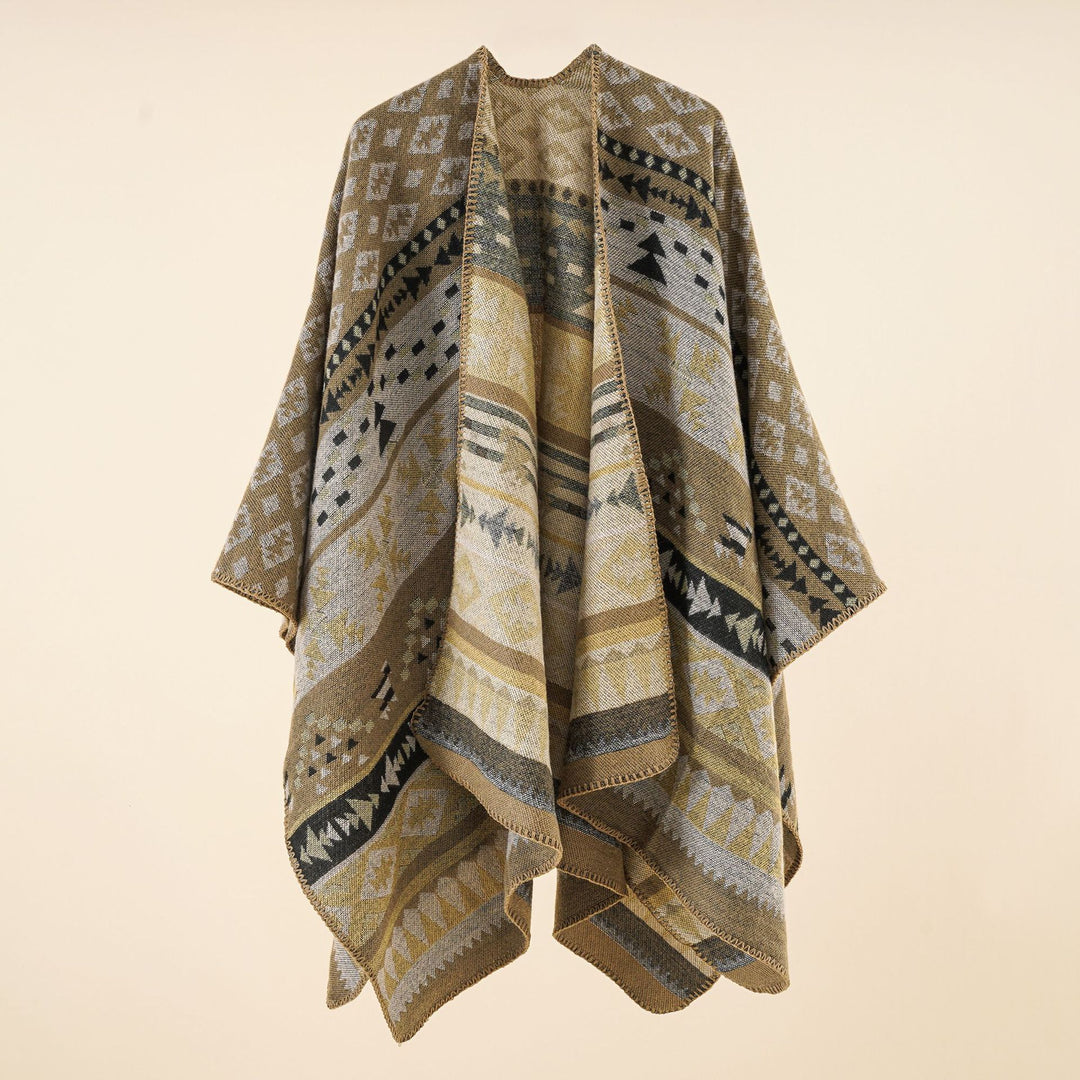 Damen Grobgewebter Ethno-Poncho mit Fransen – Avérine