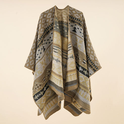 Damen Grobgewebter Ethno-Poncho mit Fransen – Avérine