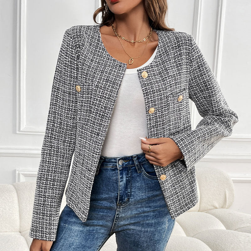 Damen Bouclé-Tweed-Blazer mit Rundhalsausschnitt, goldenen Zierknöpfen und kastiger Silhouette – Valéne