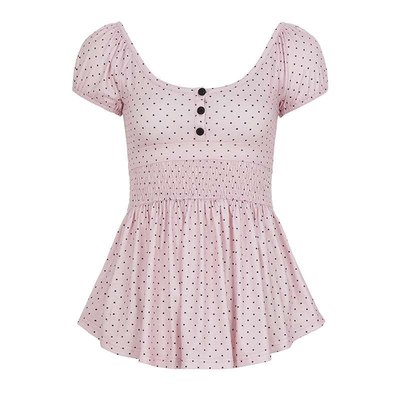 Damen Verspieltes Polka Dots Oberteil mit Rüschen und Knopfleiste Echo Archiv