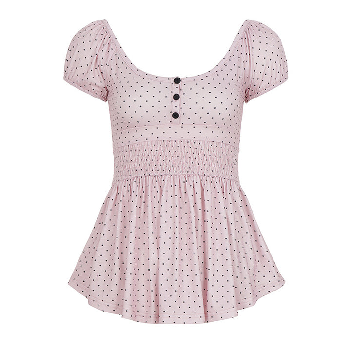 Damen Verspieltes Polka Dots Oberteil mit Rüschen und Knopfleiste Echo Archiv