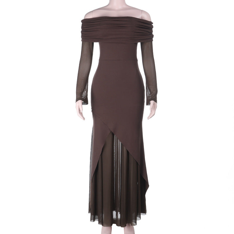 Damen elegantes schulterfreies Maxikleid mit raffiniertem Rüschenoberteil und asymmetrischem Saum Echo Archiv