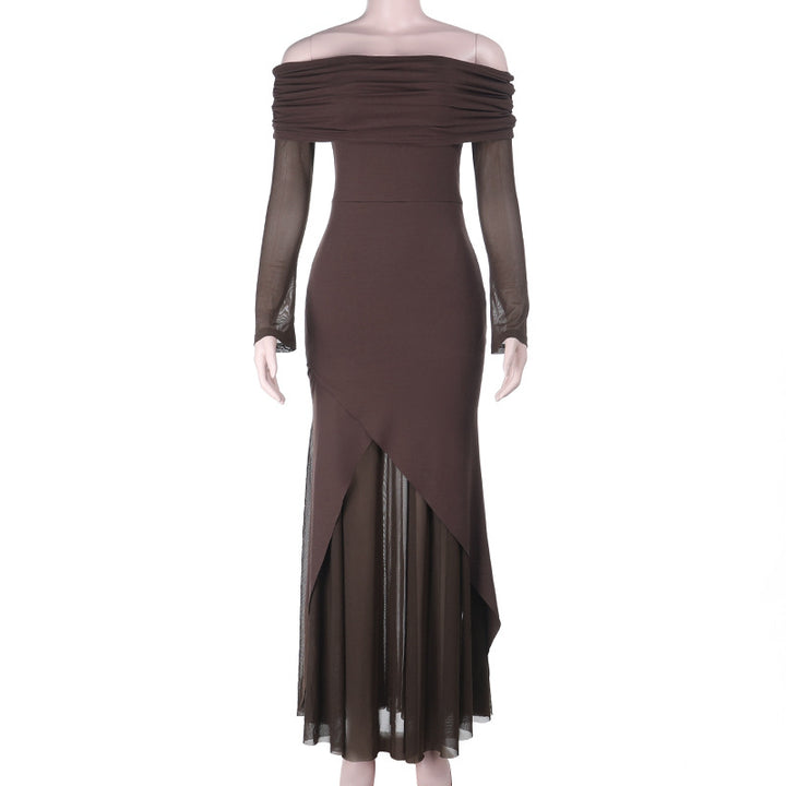 Damen elegantes schulterfreies Maxikleid mit raffiniertem Rüschenoberteil und asymmetrischem Saum Echo Archiv