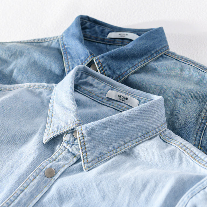 Herren Vintage-Jeanshemdjacke im Overshirt-Look mit Druckknöpfen und Kontrastnähten Echoarchiv