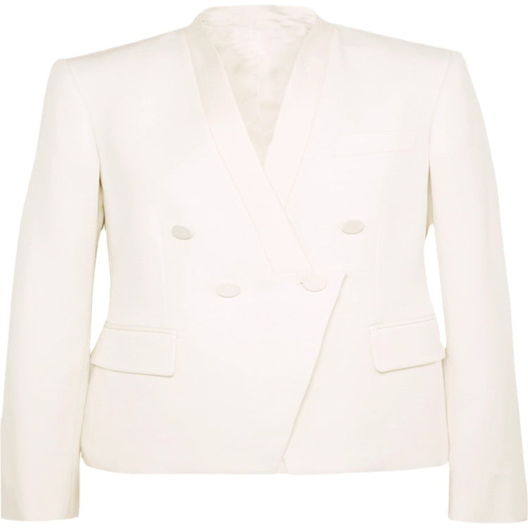 Damen Couture-Zweireiher-Blazer mit minimalistischem Schalkragen und nahtverdeckten Stoffknöpfen Echoarchiv