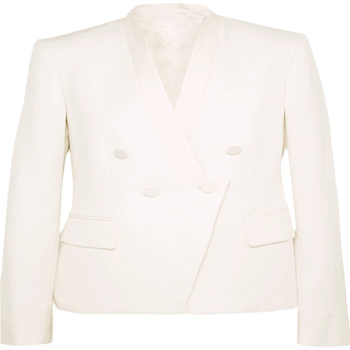 Damen Couture-Zweireiher-Blazer mit minimalistischem Schalkragen und nahtverdeckten Stoffknöpfen Echoarchiv