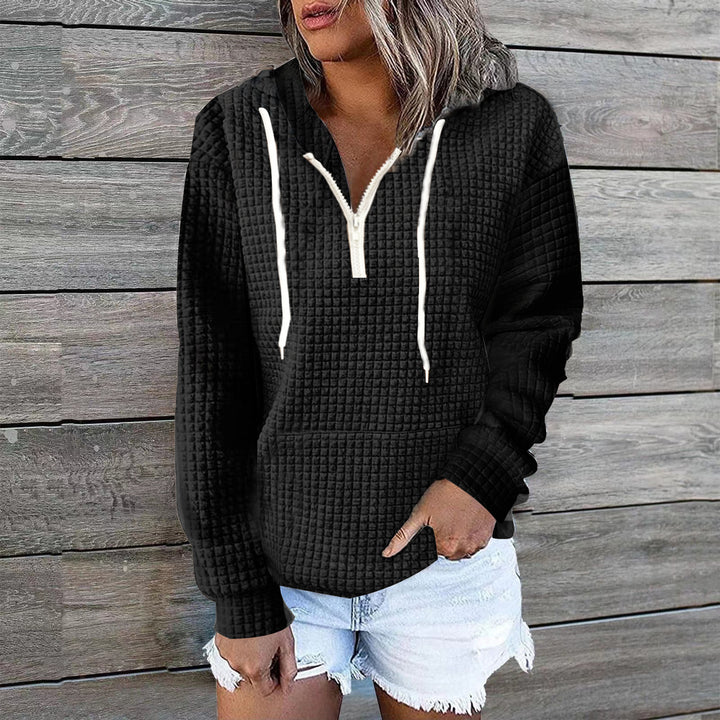 Damen Waffelstruktur Kapuzenpullover mit Halbzip, Kängurutasche und lässigem Oversize‑Schnitt Echoarchiv