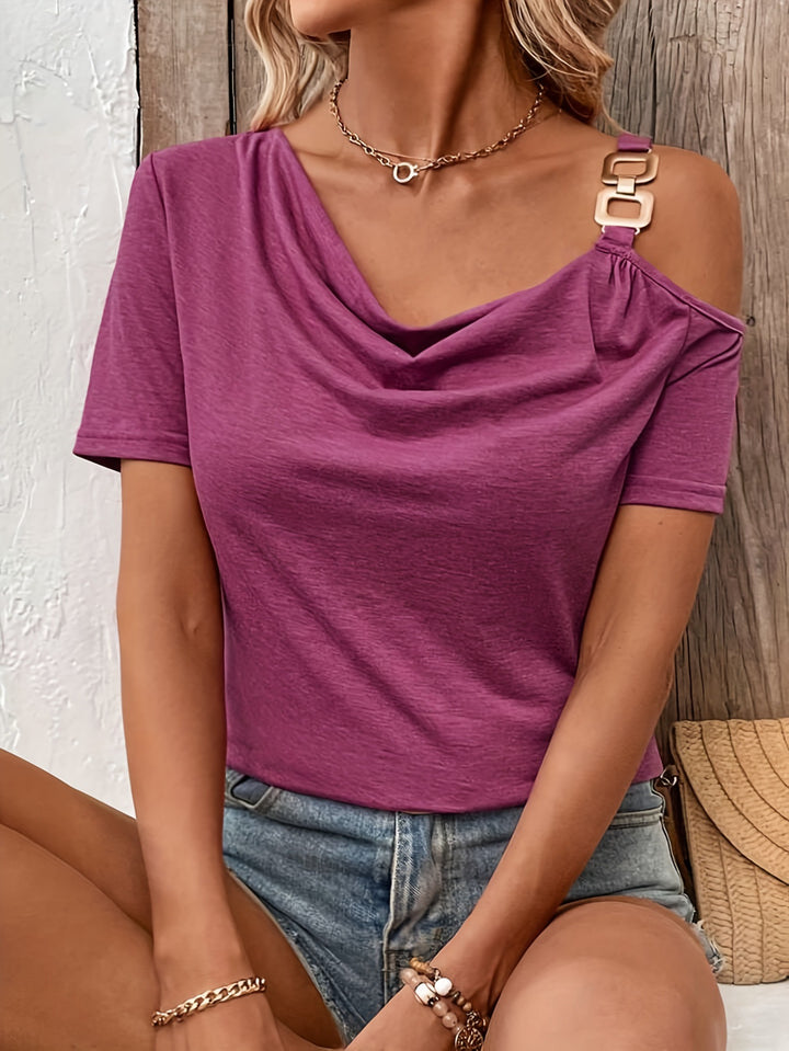 Damen nan asymmetrisches Schultertop mit drapiertem Wasserfalldekolleté und dekorativer quadratischer Metallschnalle Echo Archiv