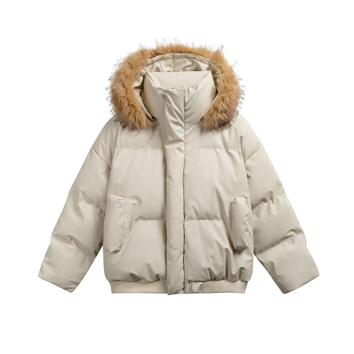 Damen Wattierte Kurzsteppjacke mit Kunstfellkapuze und geripptem Saum Echoarchiv