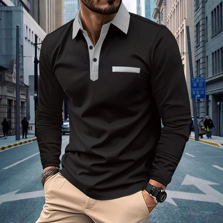 Herren Langarm Poloshirt mit eleganter Knopfleiste und Kontrastkragen Echoarchiv