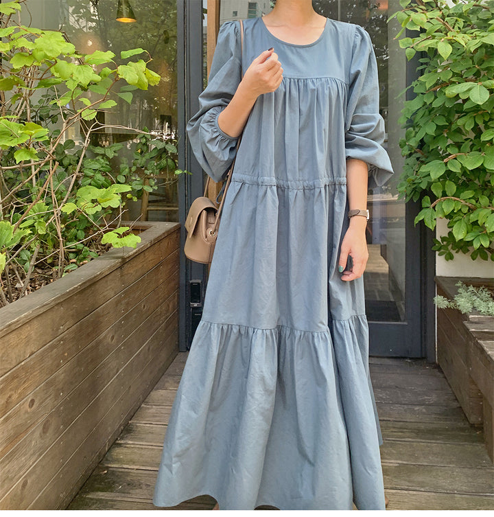 Damen Langes Stufenkleid mit Ballonärmeln und Tunnelzug – Valéora