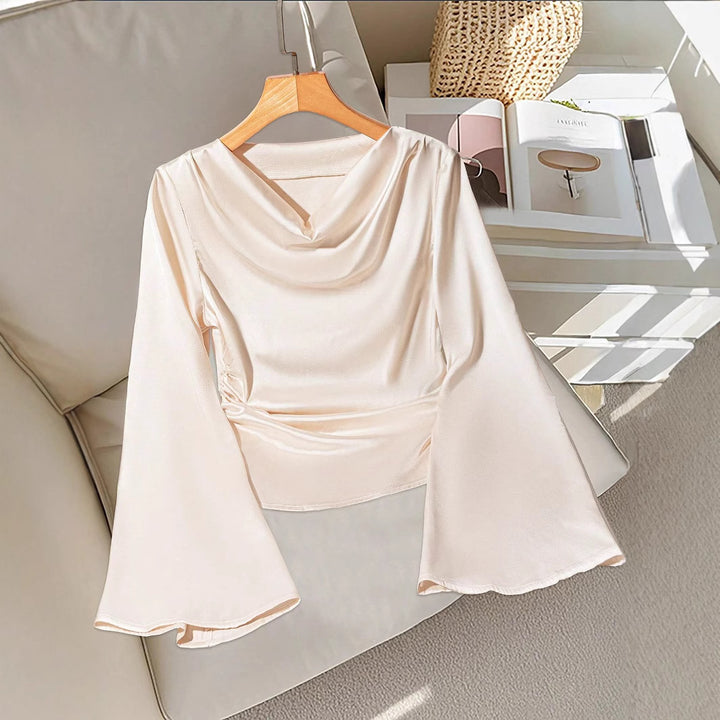 Damen Drapiertes Satin-Top mit Wasserfallkragen & Volantsärmeln – Avérine