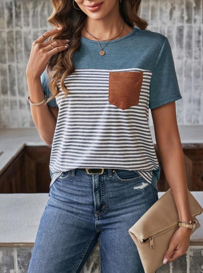 Damen Trendiges T-Shirt mit gestreiftem Design und Leder-Tasche Echo Archiv