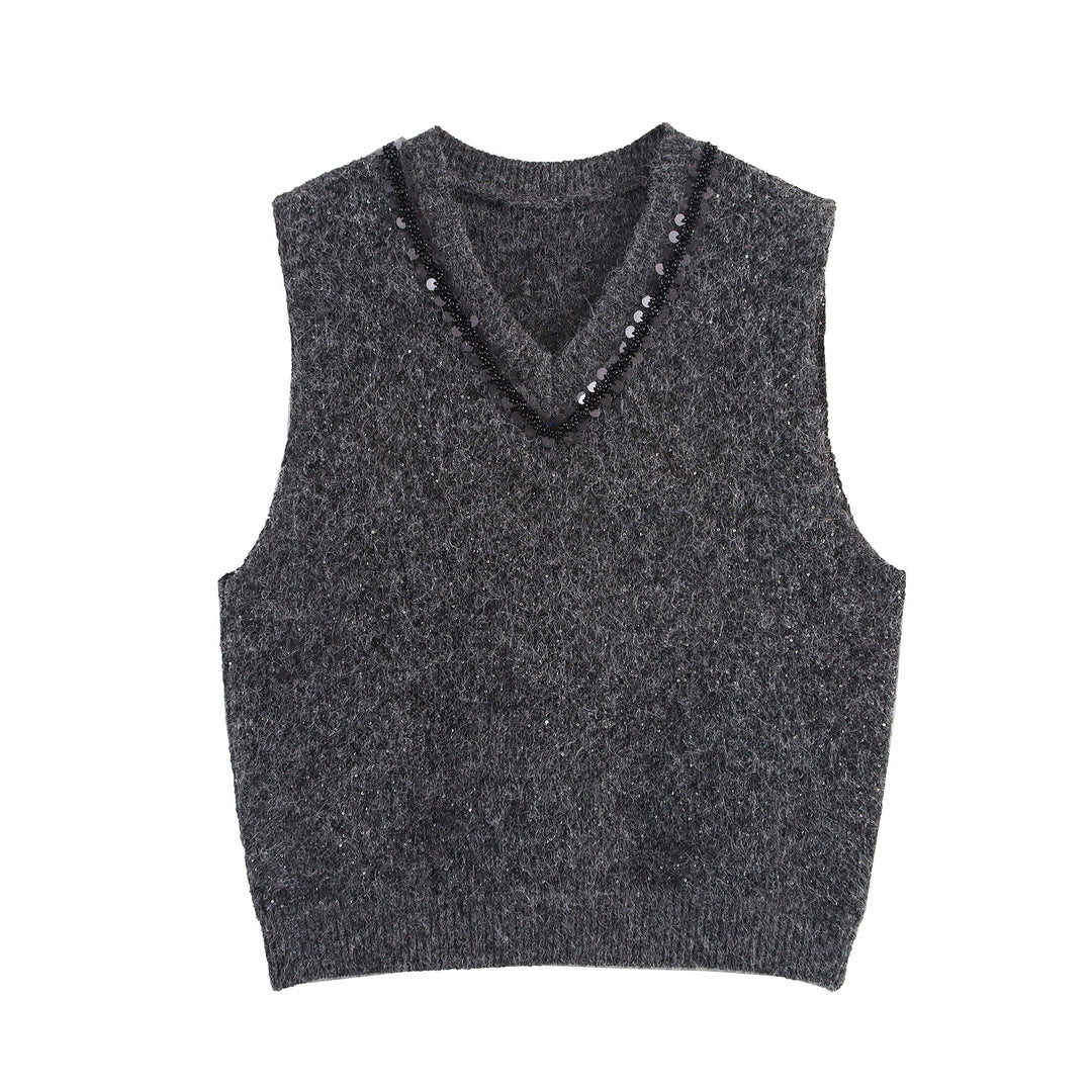 Damen Ärmellose Mohairoptik Strickweste mit V-Ausschnitt und Zierpailletten Echoarchiv