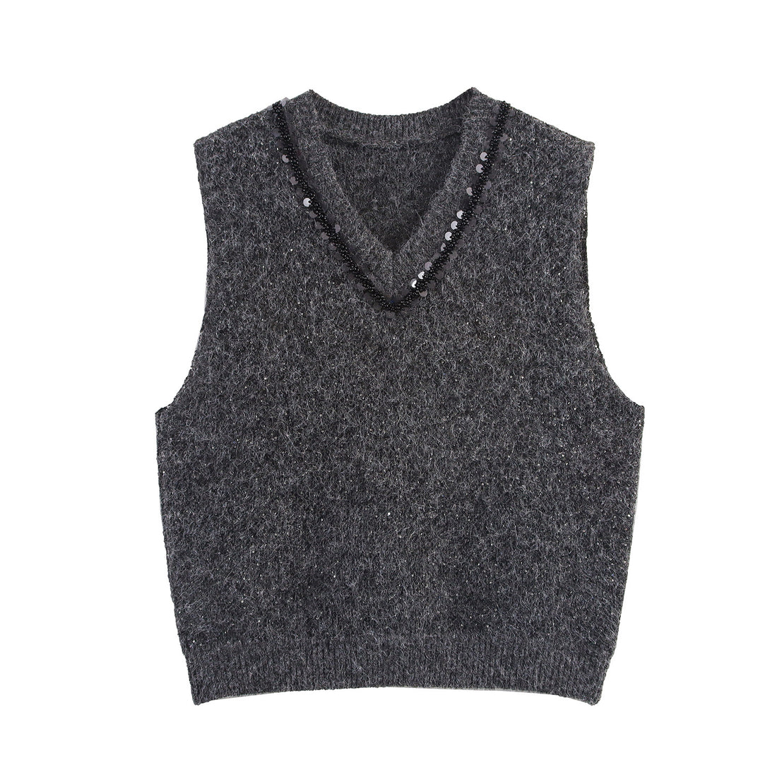 Damen Ärmellose Mohairoptik Strickweste mit V-Ausschnitt und Zierpailletten Echoarchiv
