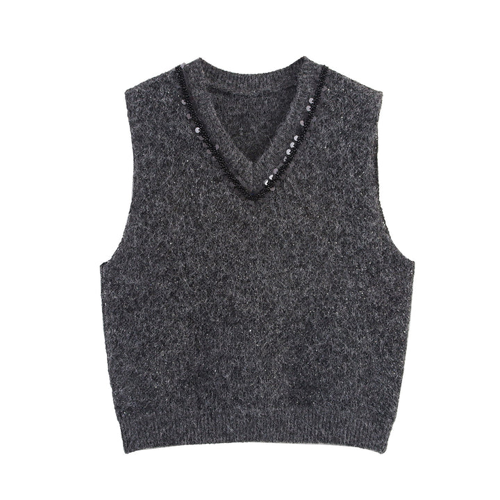 Damen Ärmellose Mohairoptik Strickweste mit V-Ausschnitt und Zierpailletten Echoarchiv