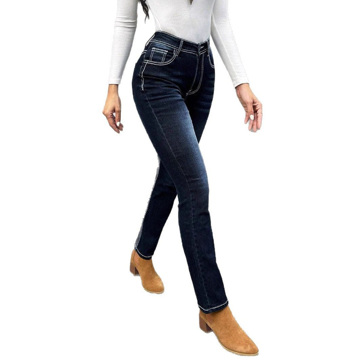 Damen Hochgeschnittene schmal geschnittene Straight-Jeans mit Kontrastnähten und leichtem Schlag Echo Archiv