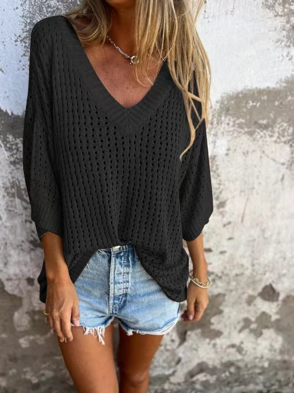 Damen nan luftig gestrickter V-Ausschnitt Pullover im Oversize-Schnitt Echo Archiv