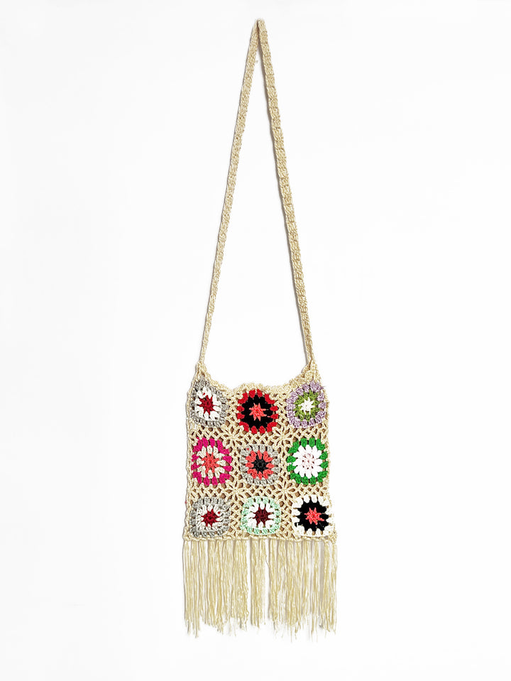 Damen gehäkelte Umhängetasche mit bunten Blumenmustern und Fransen Echo Archiv