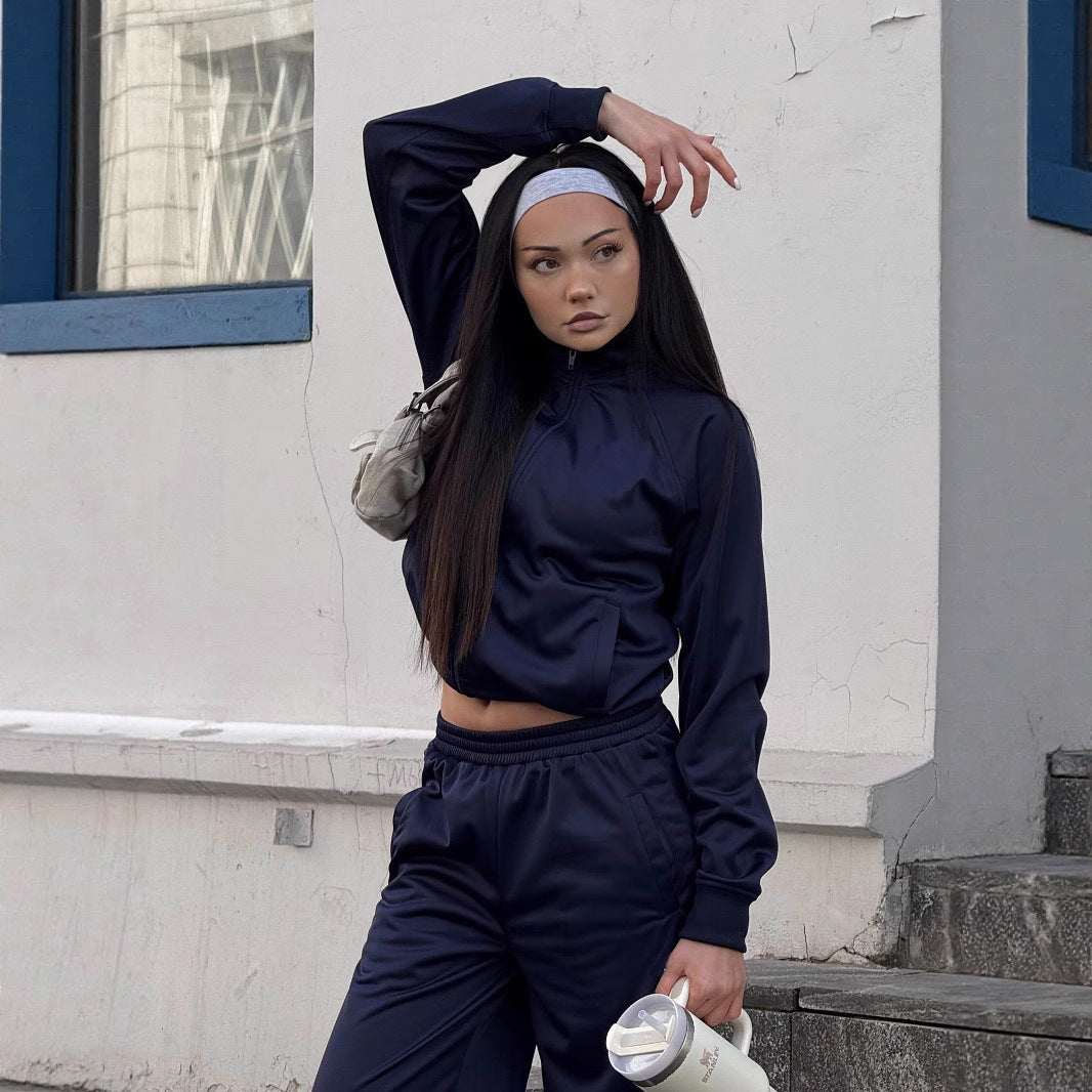 Damen Cropped-Trainingsjacke und hochtaillierte Jogginghose Set aus funktionalem Polyester – Avérine