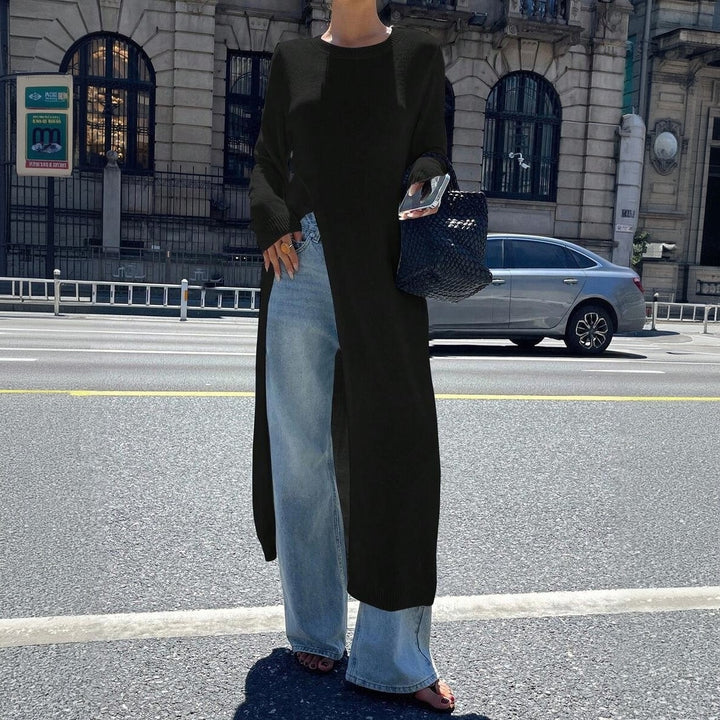 Damen Langer Feinstrick-Tunika-Pullover mit hohem Seitenschlitz Echoarchiv