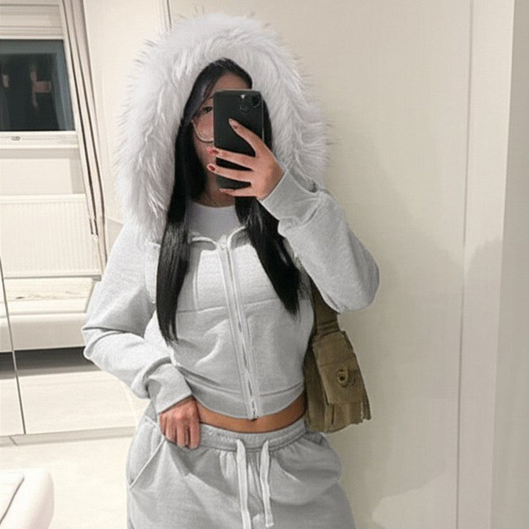 Damen Kurze Kapuzenjacke mit Reißverschluss, tailliertem Cropped-Schnitt und Kunstfellkragen – Célinea