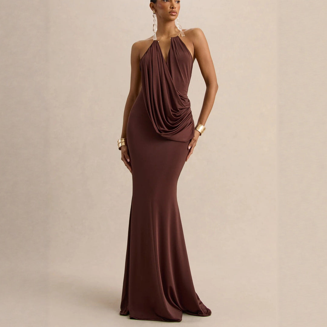 Damen Raffiniertes Maxikleid mit tiefem V-Ausschnitt und Drapierung Echo Archiv