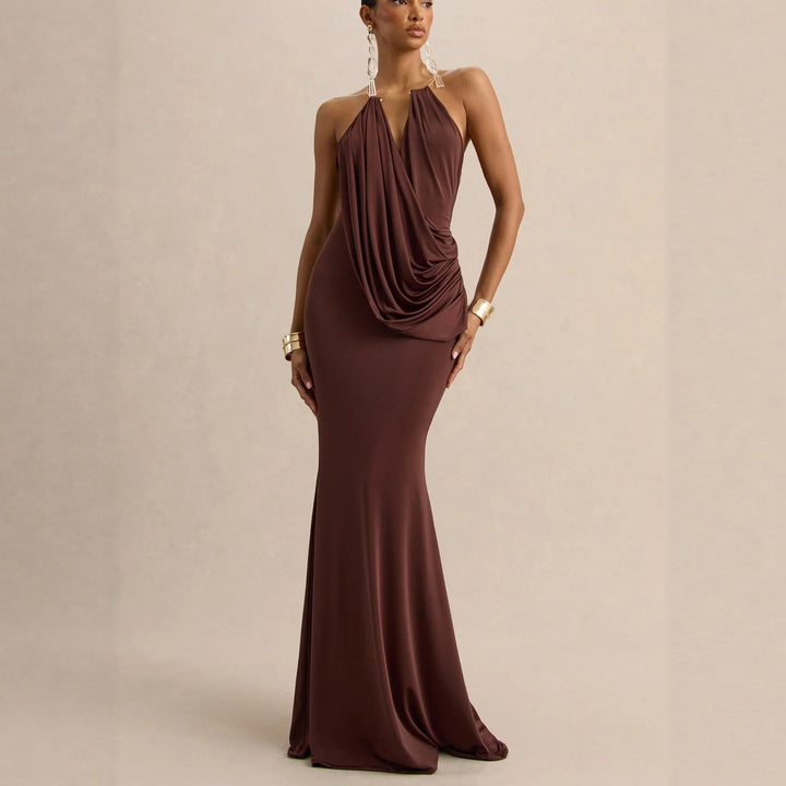 Damen Raffiniertes Maxikleid mit tiefem V-Ausschnitt und Drapierung Echo Archiv