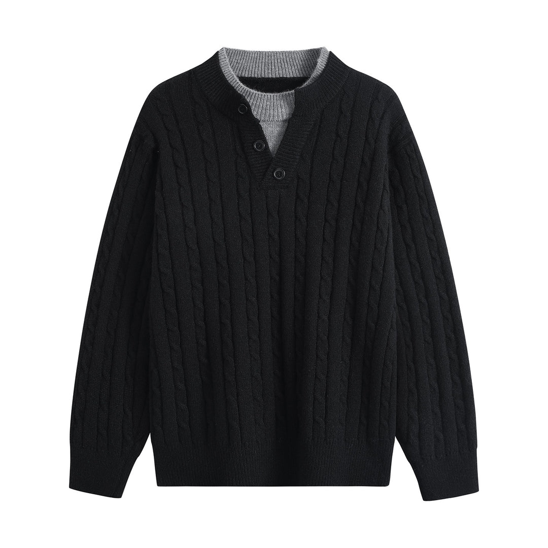 Damen Oversize Zopfstrick-Pullover mit Henley‑Kragen und Kontrastinnenkragen Echoarchiv