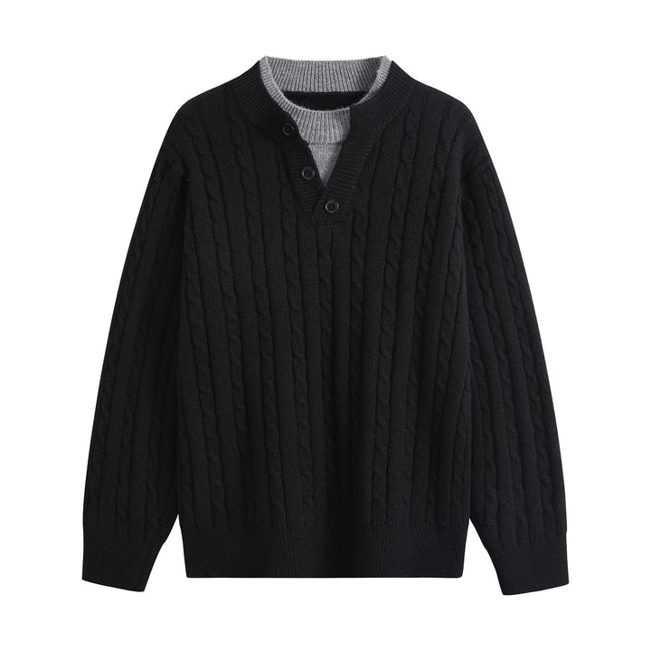 Damen Oversize Zopfstrick-Pullover mit Henley‑Kragen und Kontrastinnenkragen Echoarchiv