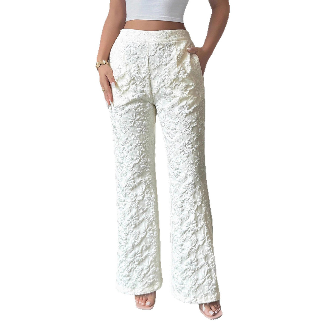 Damen hochgeschnittene Jacquard-Hose mit floralem Stickmuster, weitem Beinschnitt und Eingrifftaschen – Avérine