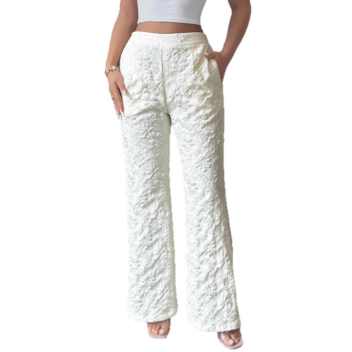 Damen hochgeschnittene Jacquard-Hose mit floralem Stickmuster, weitem Beinschnitt und Eingrifftaschen – Avérine