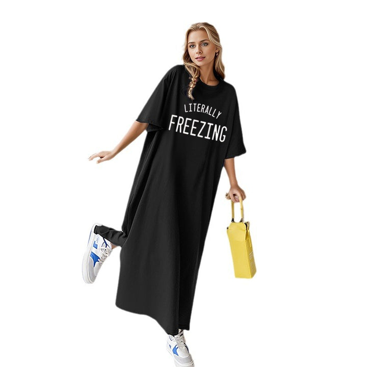 Damen lässiges Oversize Maxi-T-Shirt-Kleid mit Rundhals und Statement-Print – Valéora