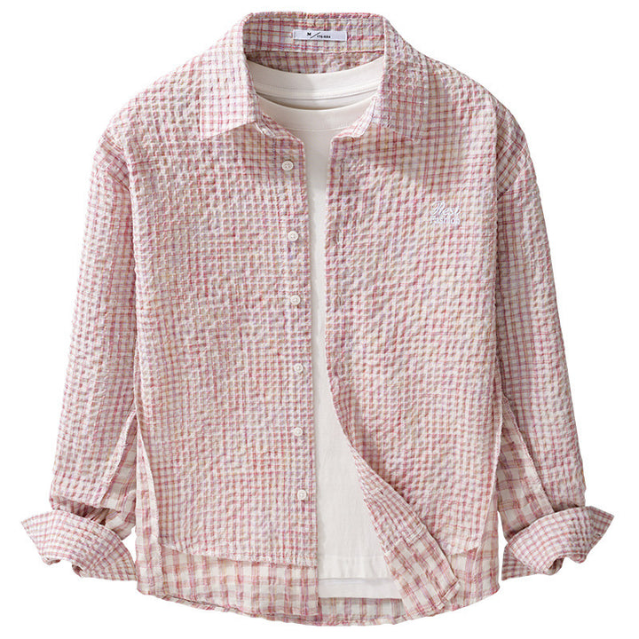 Damen Relaxed-Fit Crinkle-Hemdjacke mit feiner Gingham‑Webstruktur und dezenter Bruststickerei Echoarchiv