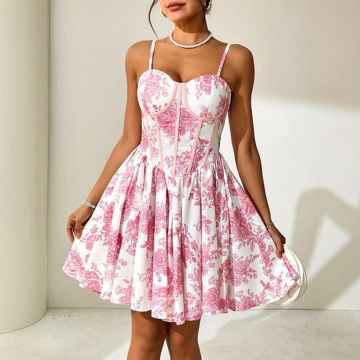 Damen Blumenkleid mit Korsett-Oberteil und schwingendem Rock Echo Archiv