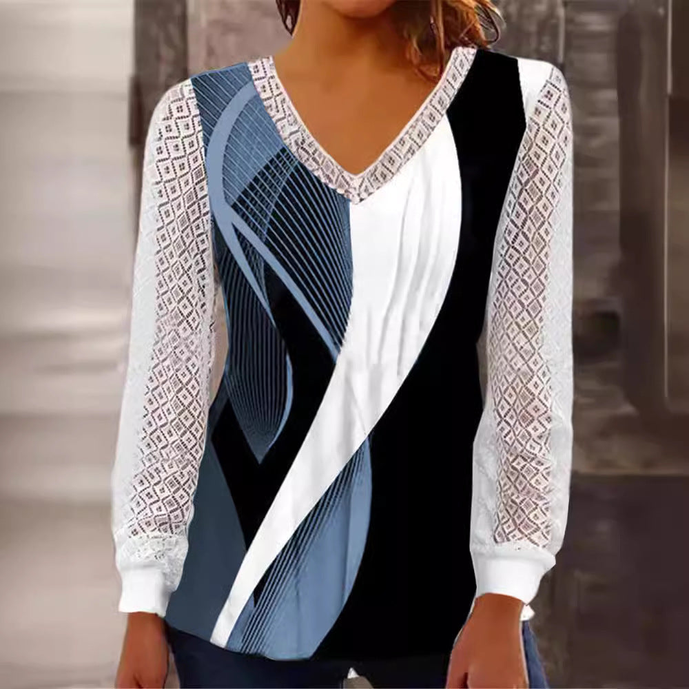 Damen V-Ausschnitt Bluse mit abstraktem Grafikprint und Spitzenärmeln Echo Archiv