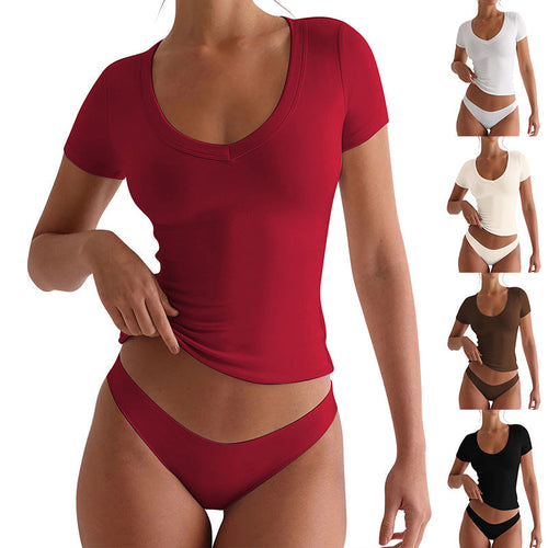 Damen figurbetontes V-Neck T-Shirt mit kurzen Ärmeln Echoarchiv