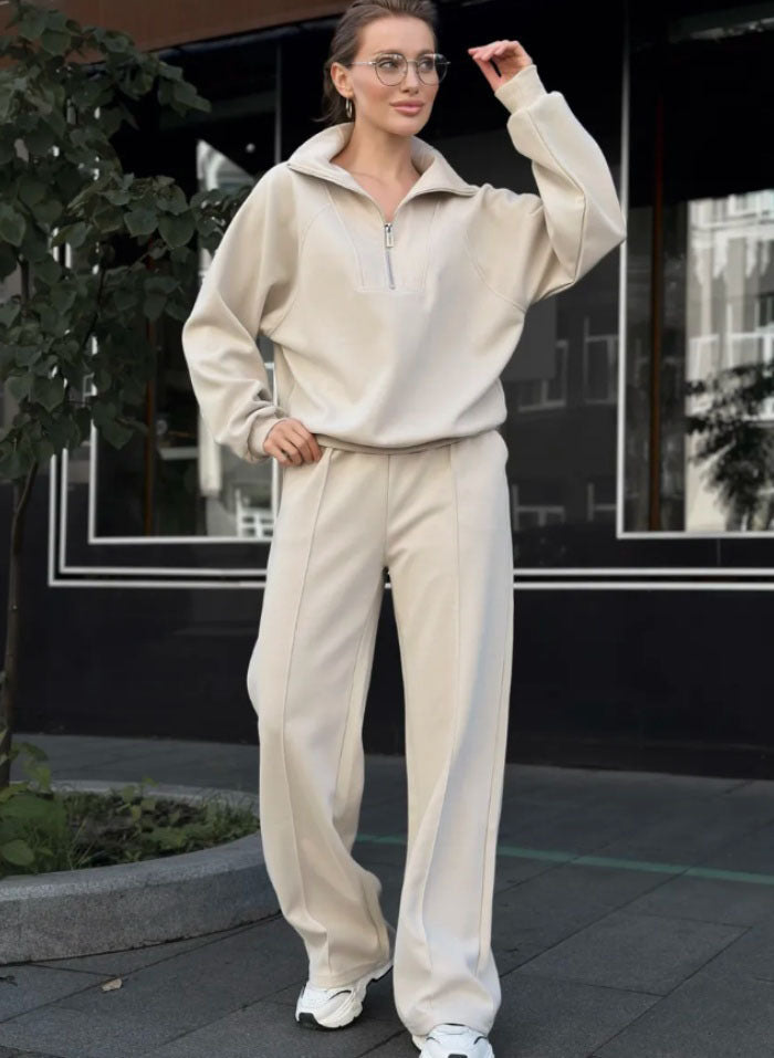 Damen Oversize-Halbreißverschluss-Sweatshirt mit weit geschnittener hochgeschnittener Palazzo-Hose – Élanora