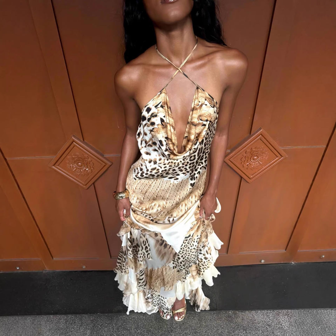 Damen Maxikleid mit tiefem V-Ausschnitt, Rüschensaum und tierischem Muster Echo Archiv