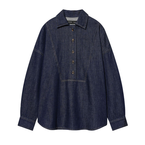 Damen Oversize-Denimbluse mit verdeckter Knopfleiste, markanten Teilungsnähten und kastiger Silhouette – Maréline