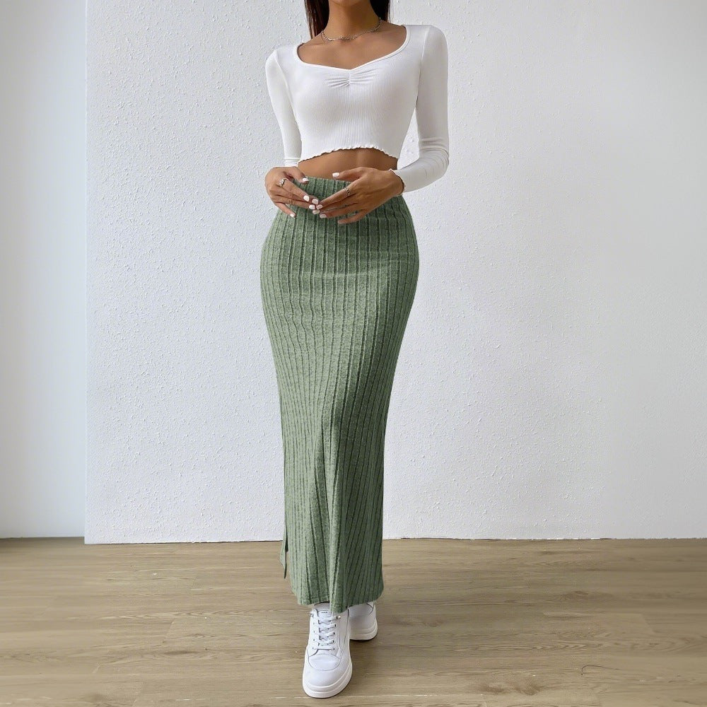 Damen gerippter Midirock mit hohem Bund und figurumspielender A-Linie – Rosévia