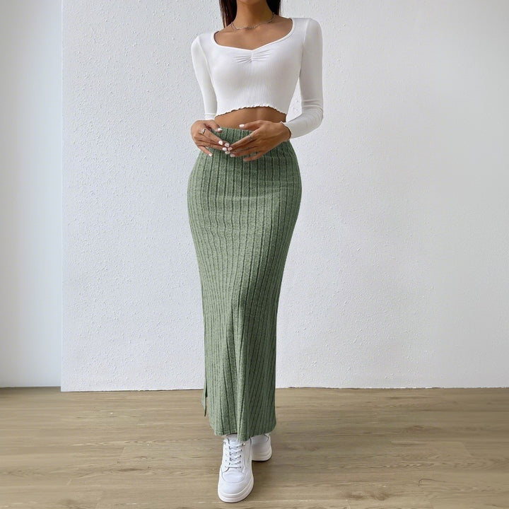 Damen gerippter Midirock mit hohem Bund und figurumspielender A-Linie – Rosévia