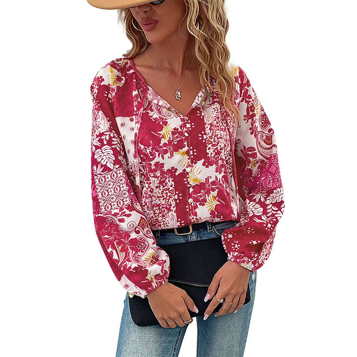 Damen Patchwork-Bluse mit V-Ausschnitt, BindEchoarchivändern und Ballonärmeln Echoarchiv