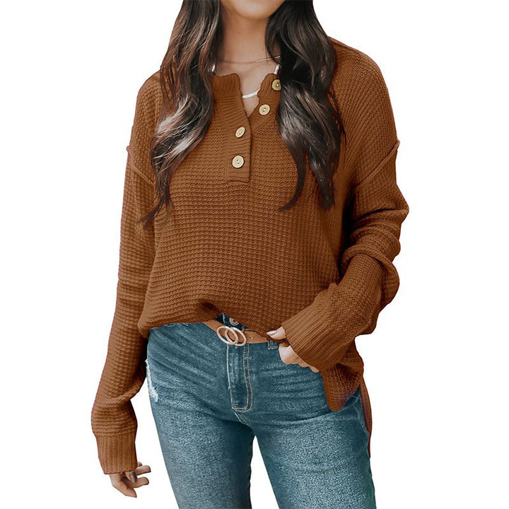 Damen nan lockerer Waffelstruktur Henley Pullover mit Knopfleiste und überschnittener Schulter Echo Archiv