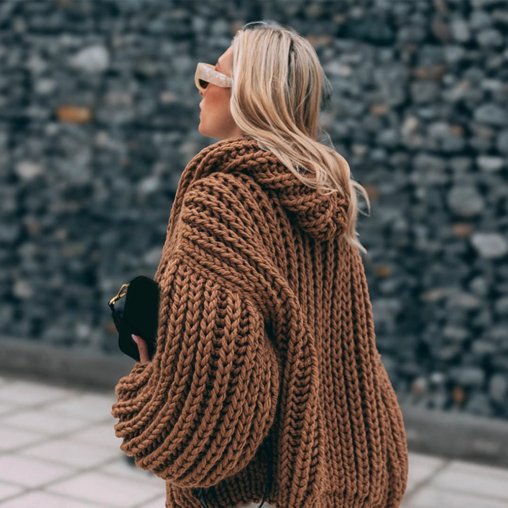 Damen Oversize Grobstrick-Cardigan mit großer Kapuze & voluminösen Ärmeln Echoarchiv