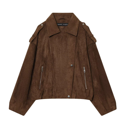 Damen Kurze Veloursleder-Bikerjacke mit Schulterklappen, Reißverschlusstaschen und kastiger Silhouette Echo Archiv