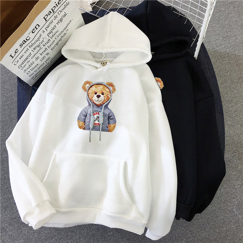 Unisex lässiger Oversize Kapuzenpullover mit Teddy-Frontprint, Kängurutasche und weichem Fleece-Innenfutter – Auréline