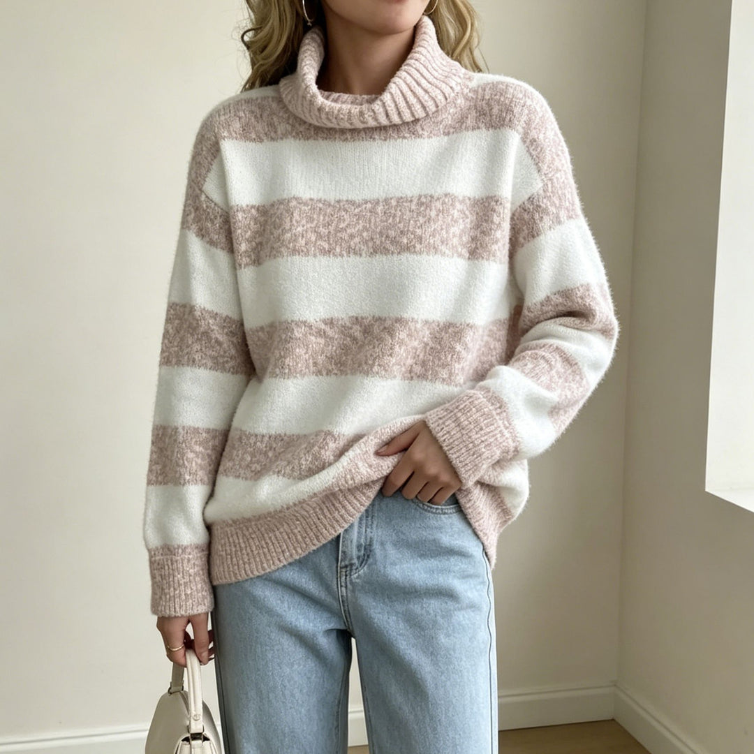 Damen Rollkragenpullover mit breiten Streifen und strukturiertem Bouclé-Strick – Mavelle