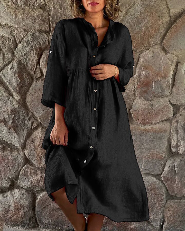 Damen Locker Midi Kleid aus Leinenmischung mit durchgehendem Knopfleiste und Seitentaschen – Élara