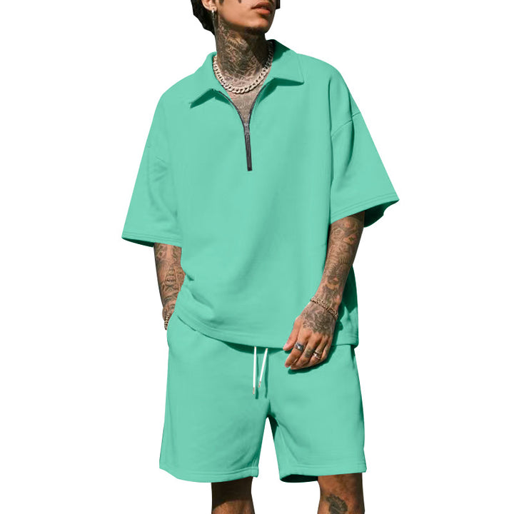 Herren lässiges Kurzarm-Set mit modernem Reißverschluss und bequemen Shorts Echoarchiv